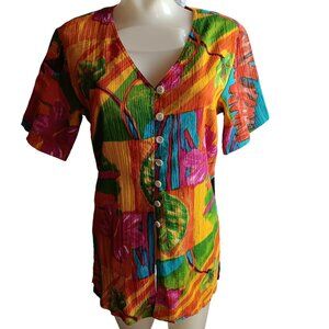 Small Vtg 90's Phool Womens Short Sleeve Multicolor Button-Up Blouse Hawaiian